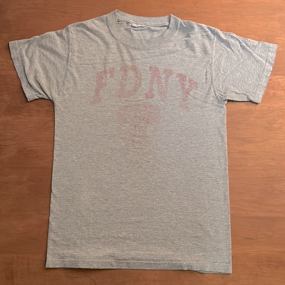 FDNY-2001 gray T-shirt with faded red lettering and badge.